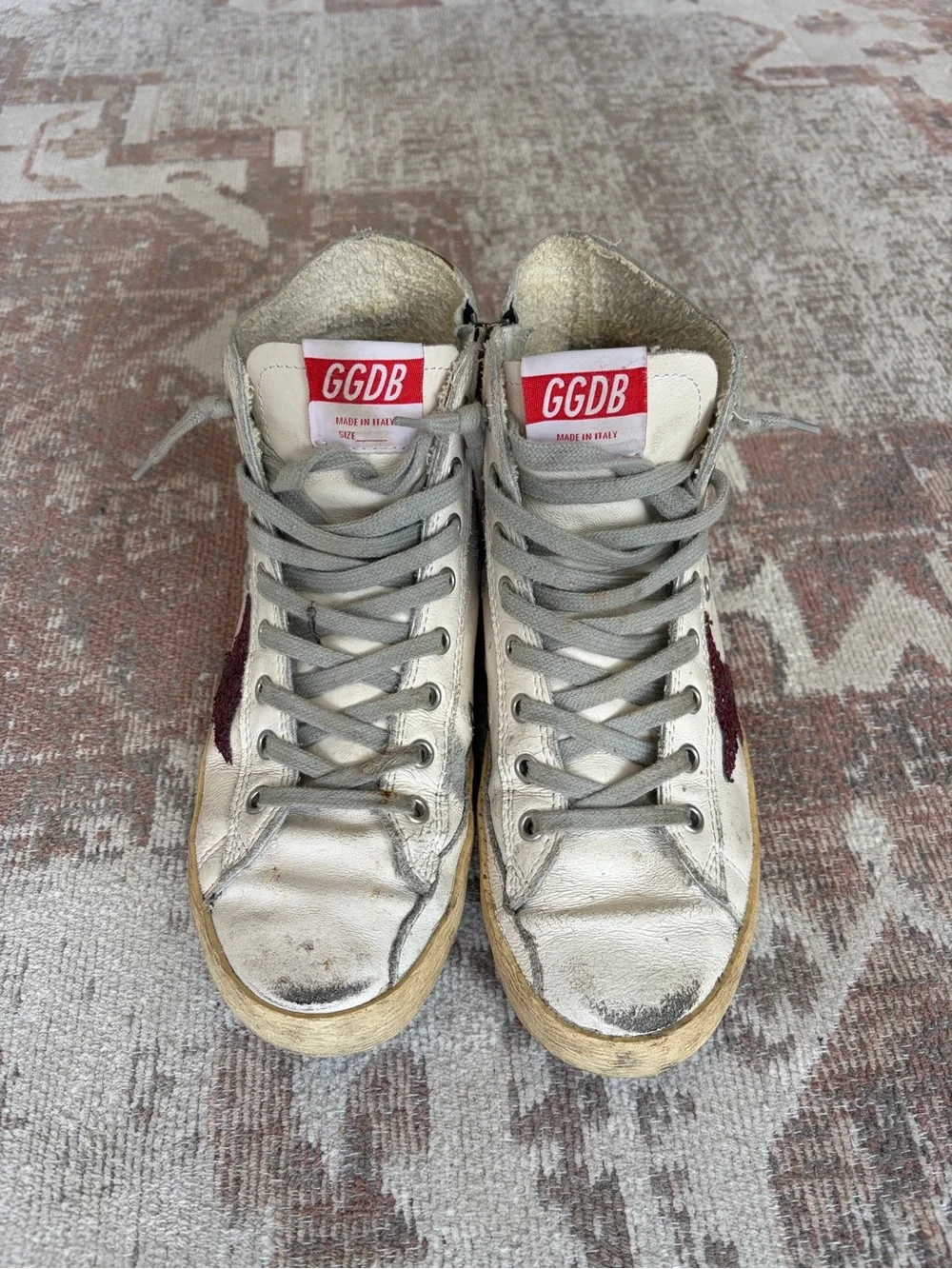 Golden Goose White Leather High-Top Sneakers with Maroon Star